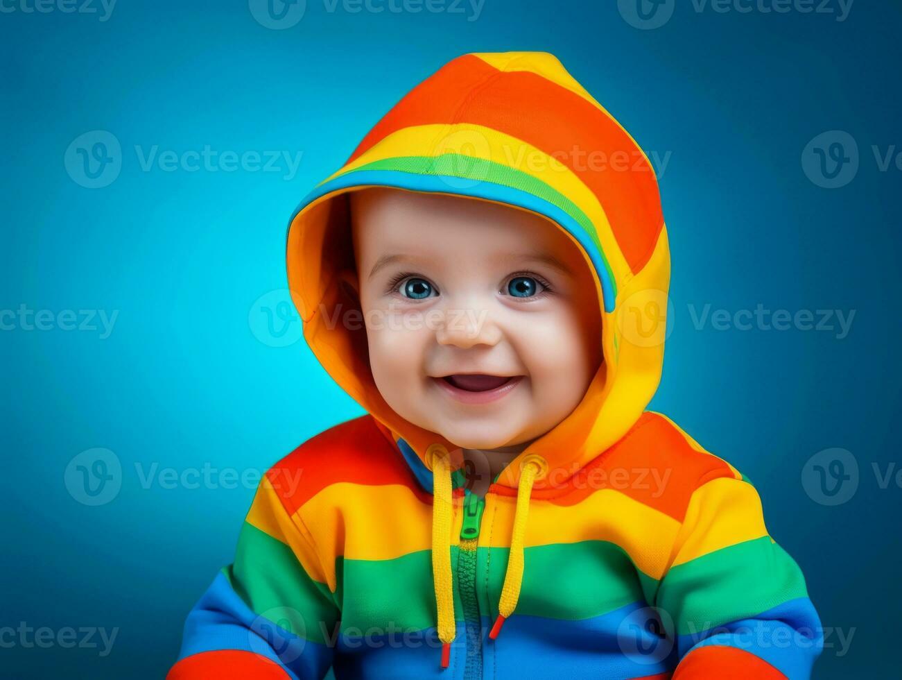 aanbiddelijk baby met levendig kleding in een speels houding ai generatief foto