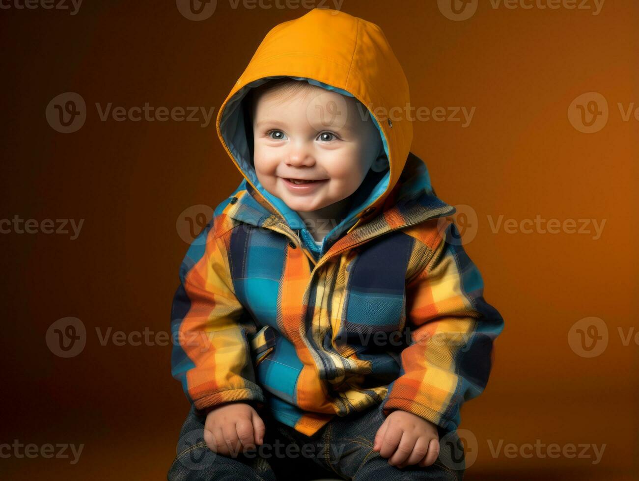 aanbiddelijk baby met levendig kleding in een speels houding ai generatief foto