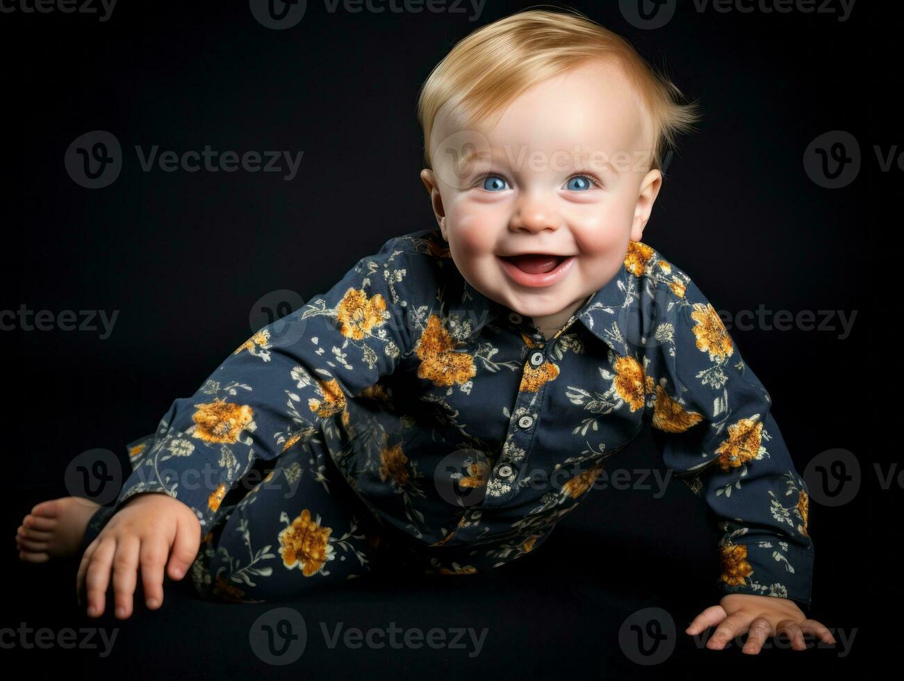 aanbiddelijk baby met levendig kleding in een speels houding ai generatief foto