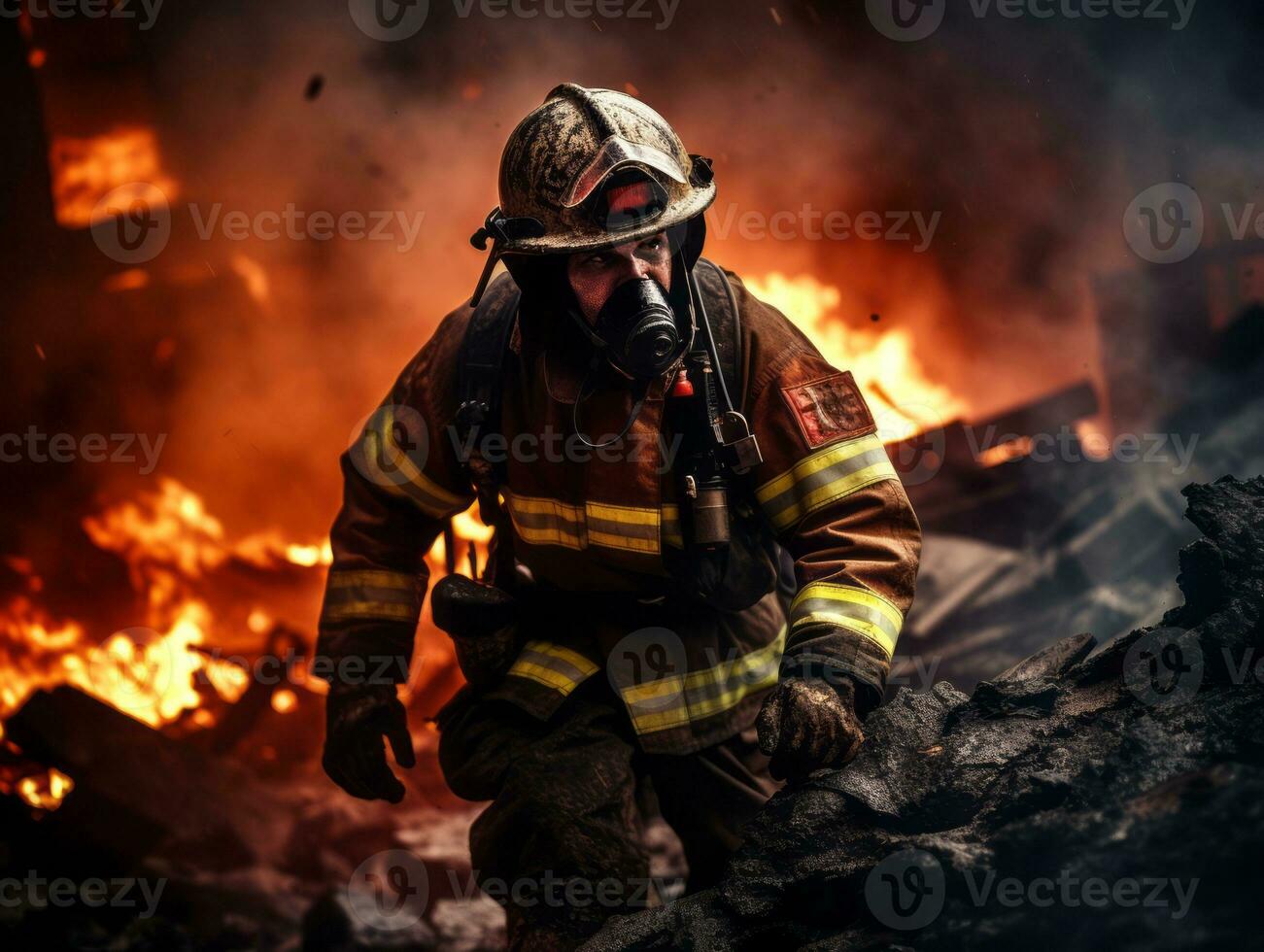 moedig mannetje brandweerman onbevreesd confronteert de laaiend inferno ai generatief foto