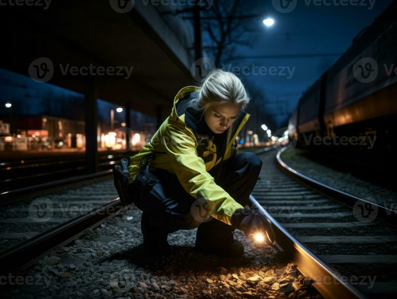 politievrouw is voorzichtig onderzoeken de misdrijf tafereel voor potentieel bewijs ai generatief foto