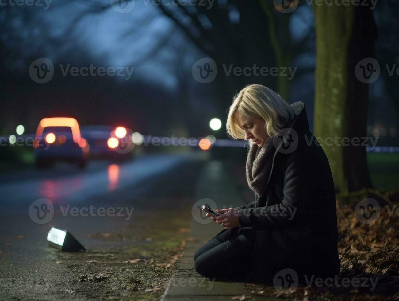 politievrouw is voorzichtig onderzoeken de misdrijf tafereel voor potentieel bewijs ai generatief foto