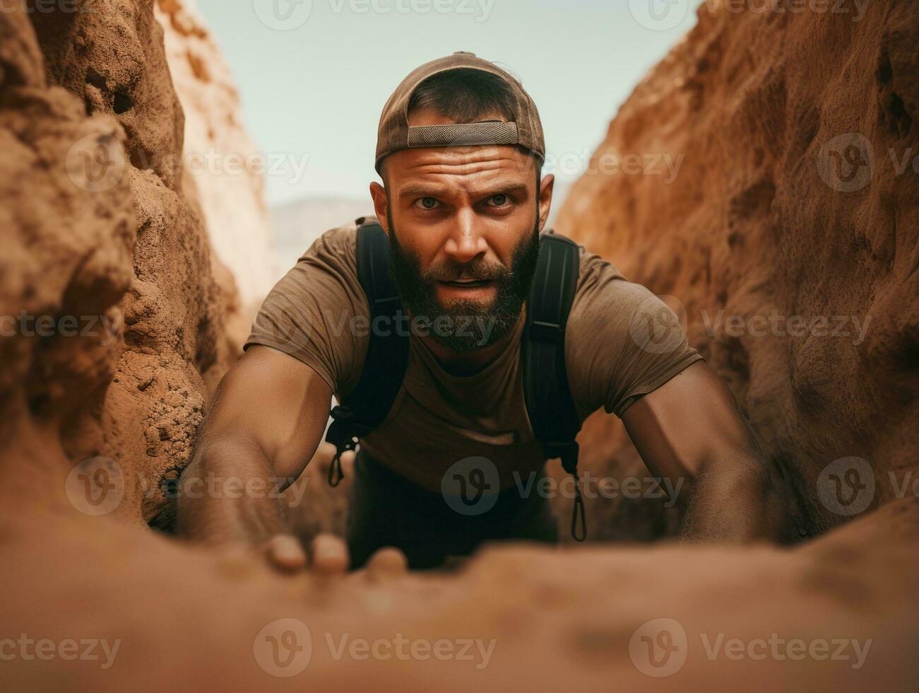 vastbesloten Mens klimt een steil berg spoor ai generatief foto