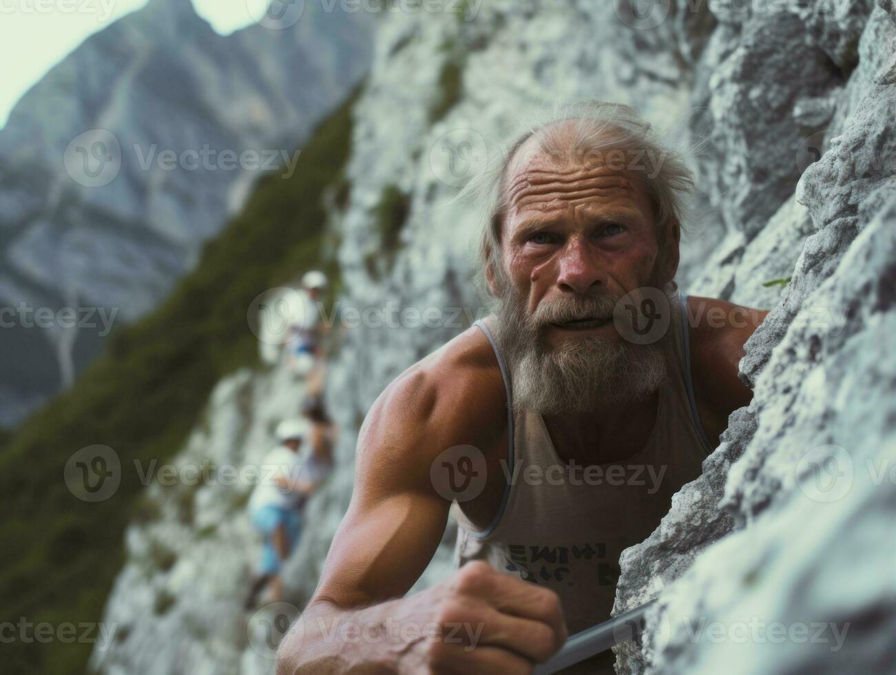 vastbesloten Mens klimt een steil berg spoor ai generatief foto