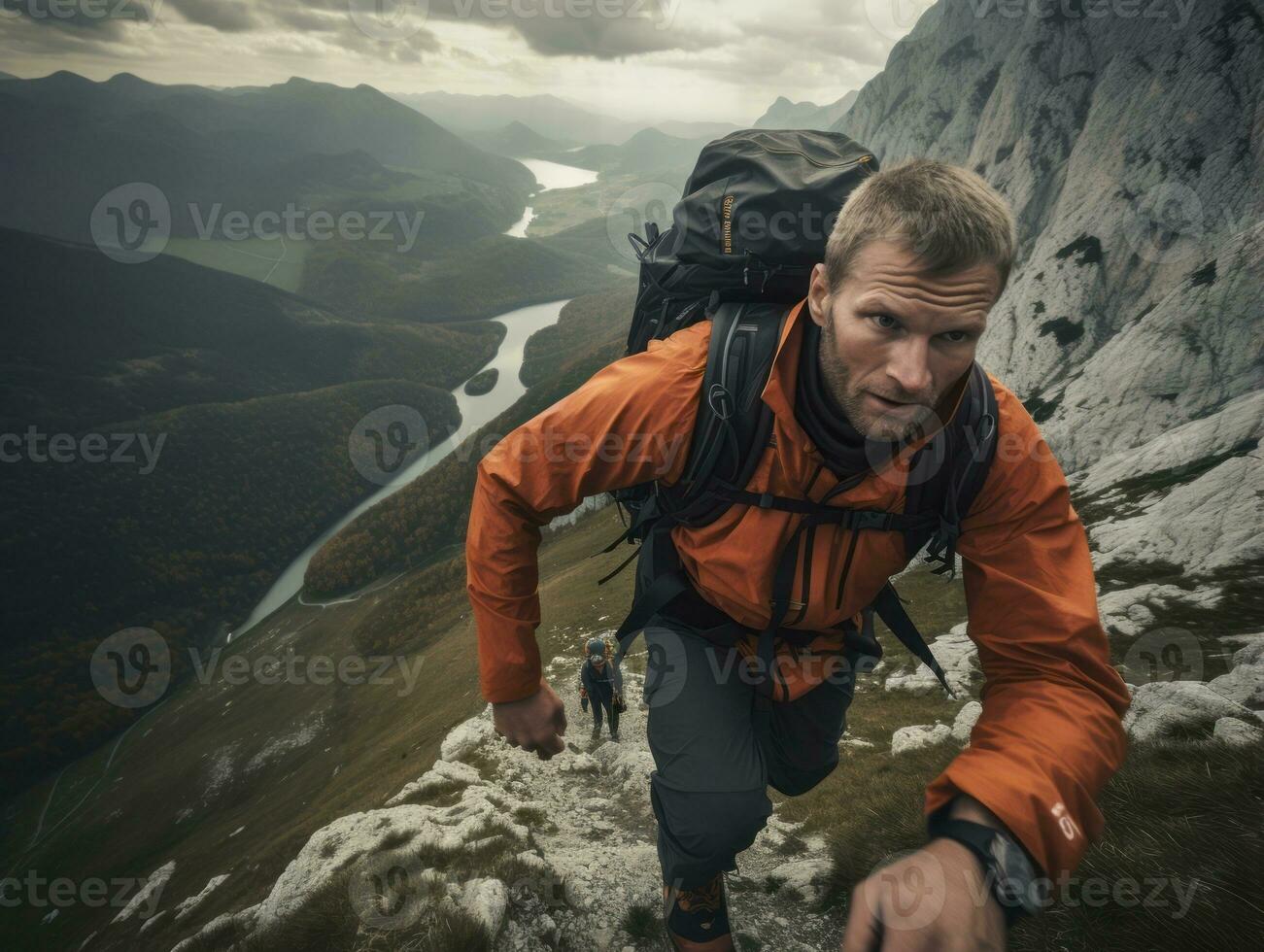vastbesloten Mens klimt een steil berg spoor ai generatief foto