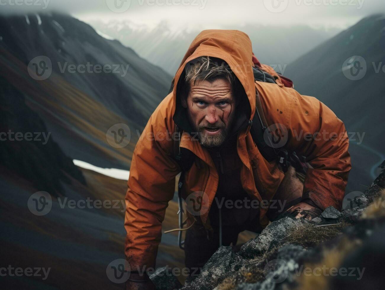 vastbesloten Mens klimt een steil berg spoor ai generatief foto