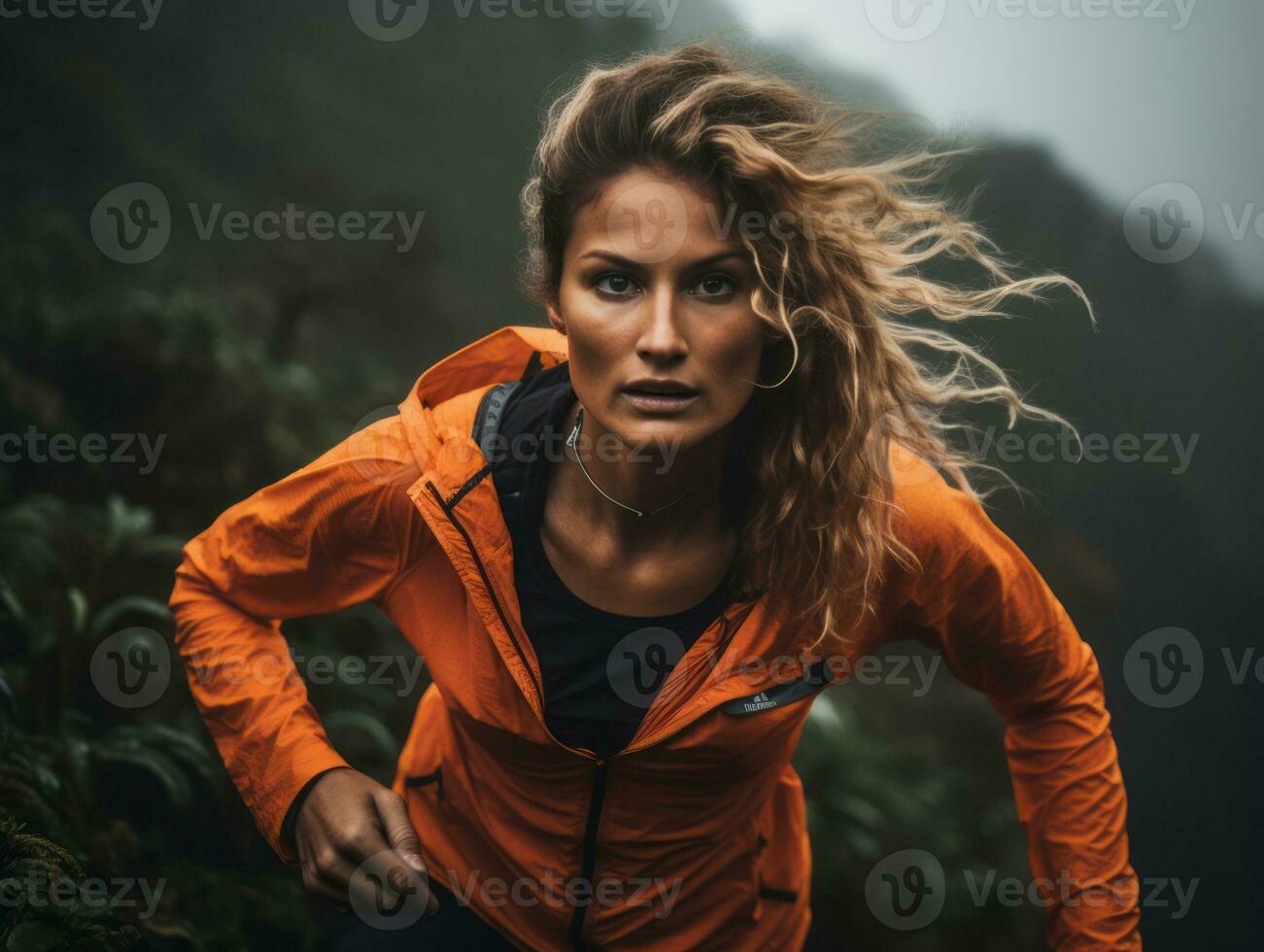 vastbesloten vrouw klimt een steil berg spoor ai generatief foto