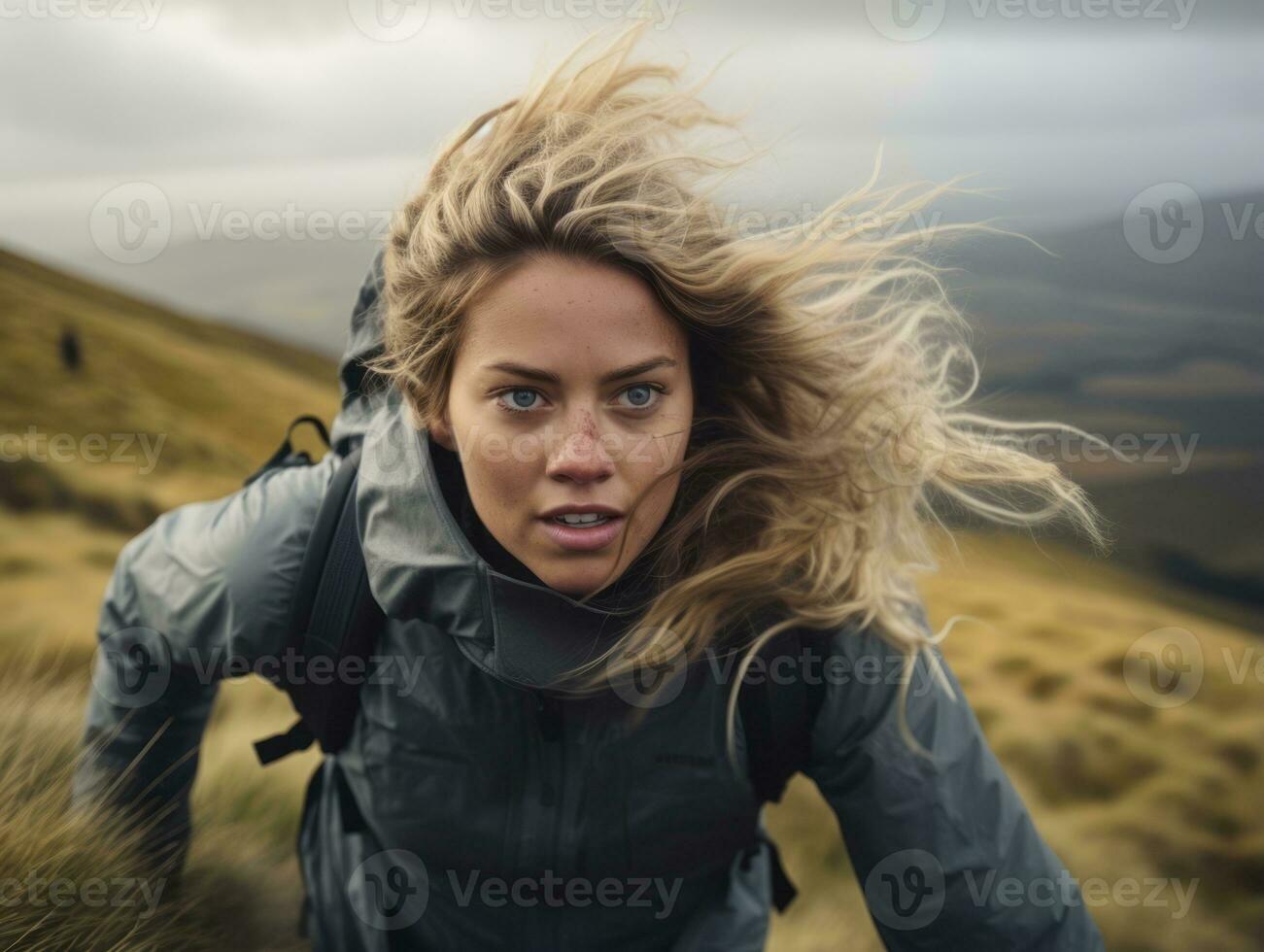 vastbesloten vrouw klimt een steil berg spoor ai generatief foto