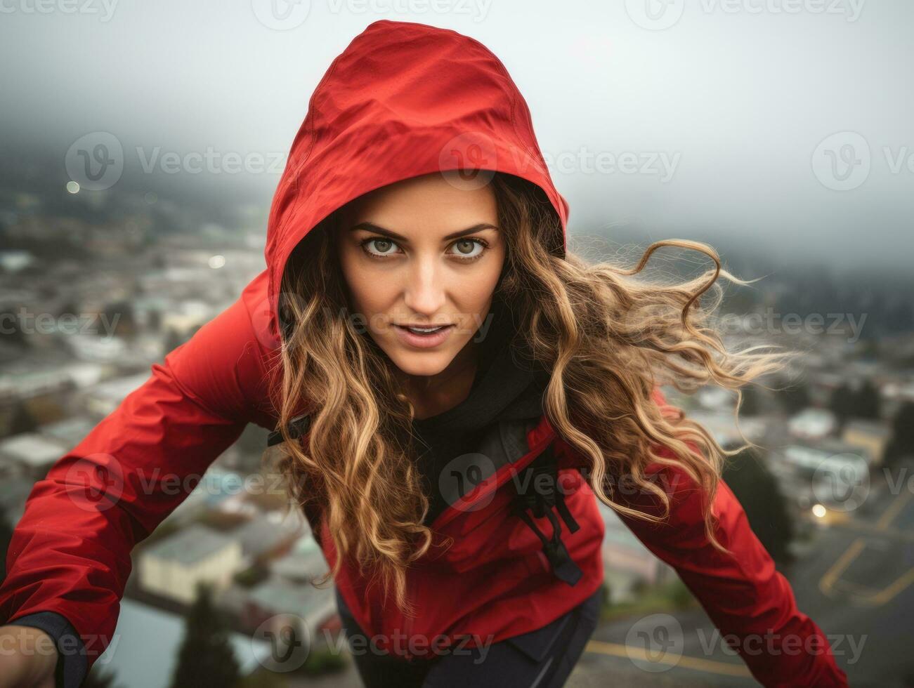 vastbesloten vrouw klimt een steil berg spoor ai generatief foto