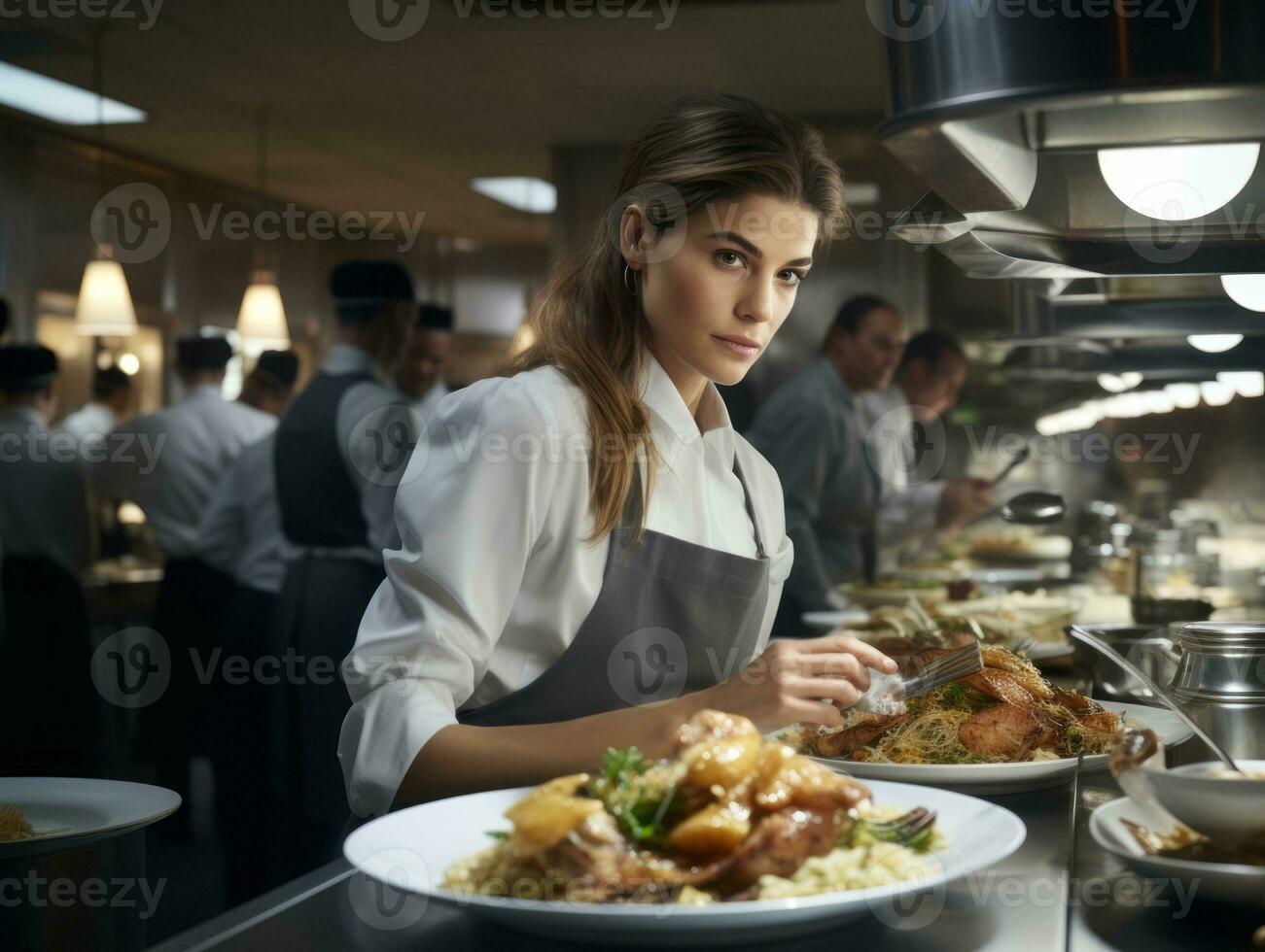 vrouw chef creëert culinaire meesterwerken in een bruisend keuken ai generatief foto