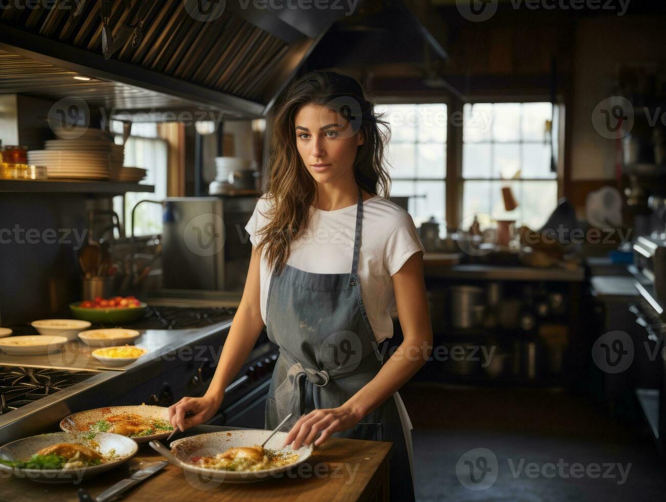 vrouw chef creëert culinaire meesterwerken in een bruisend keuken ai generatief foto