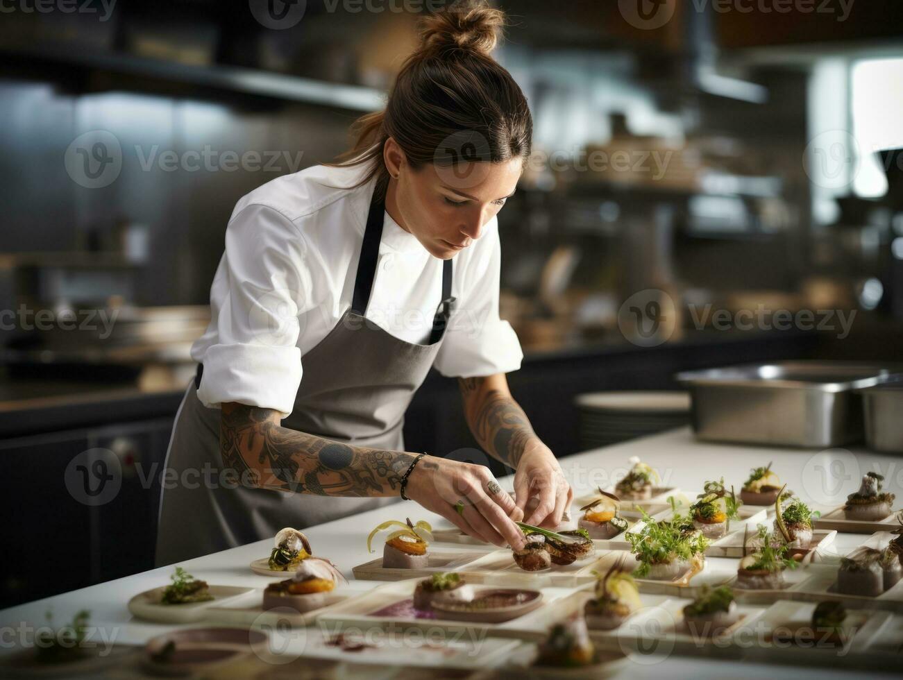 vrouw chef creëert culinaire meesterwerken in een bruisend keuken ai generatief foto