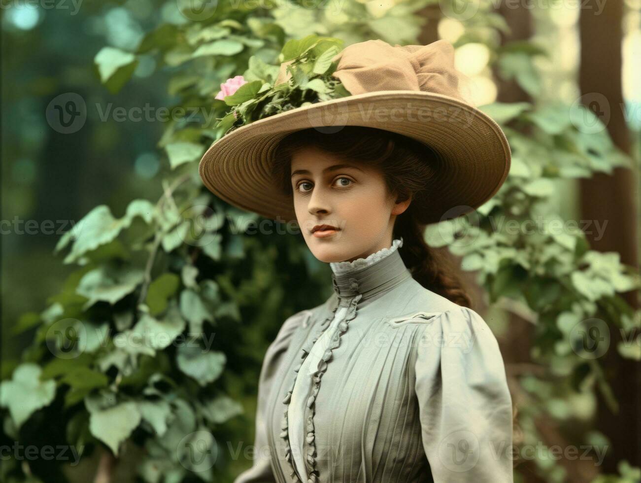 een gekleurde oud fotograaf van een vrouw van de vroeg jaren 1900 ai generatief foto