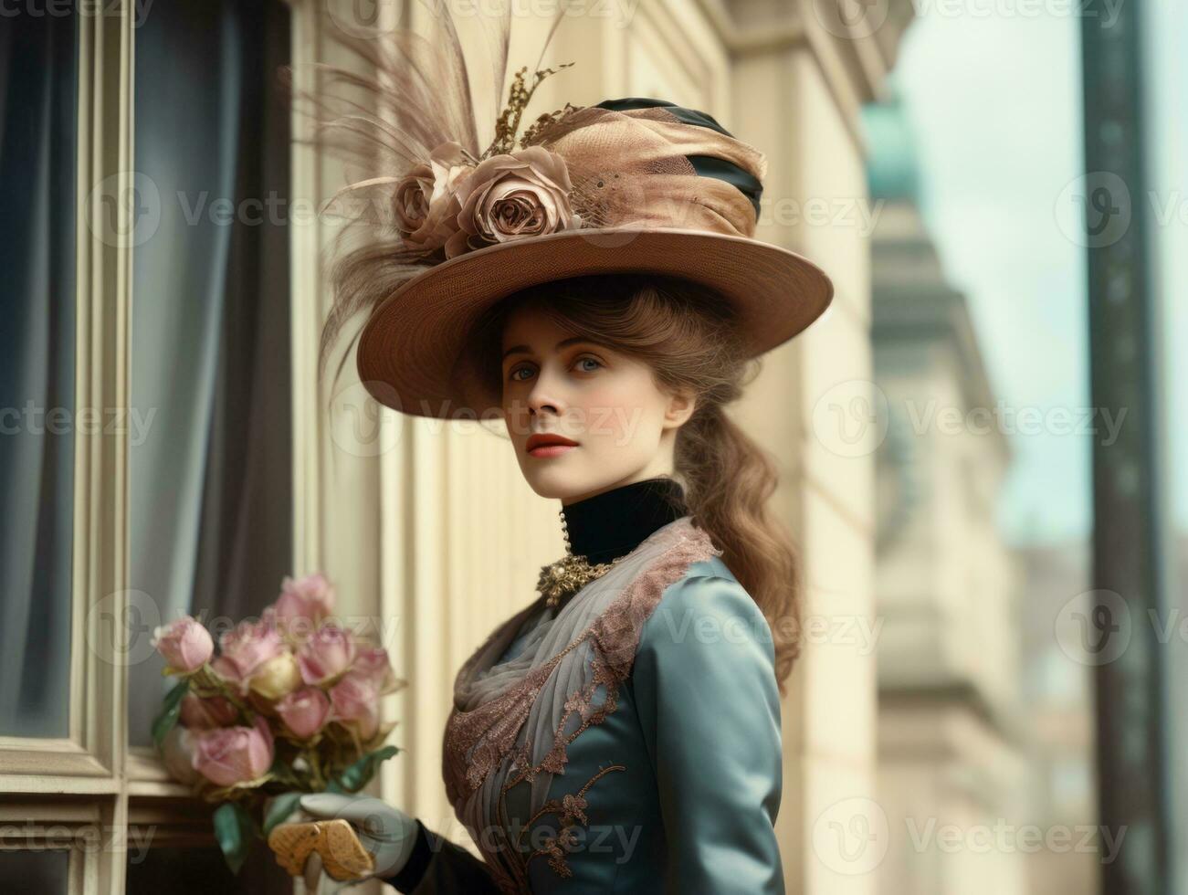 een gekleurde oud fotograaf van een vrouw van de vroeg jaren 1900 ai generatief foto