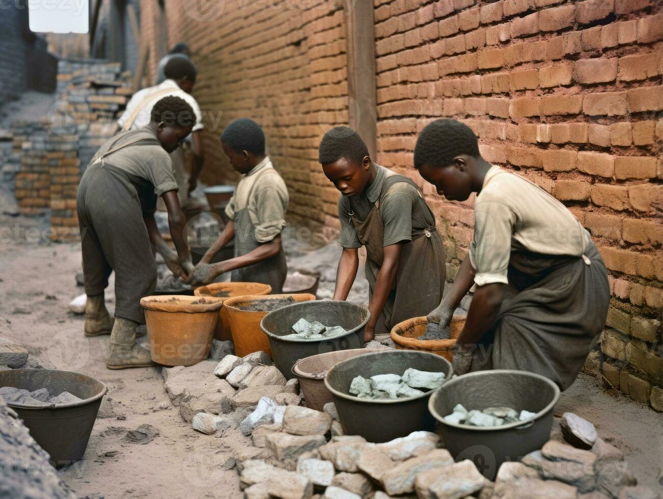 historisch gekleurde foto van een kinderen dagelijks werk in de jaren 1900 ai generatief