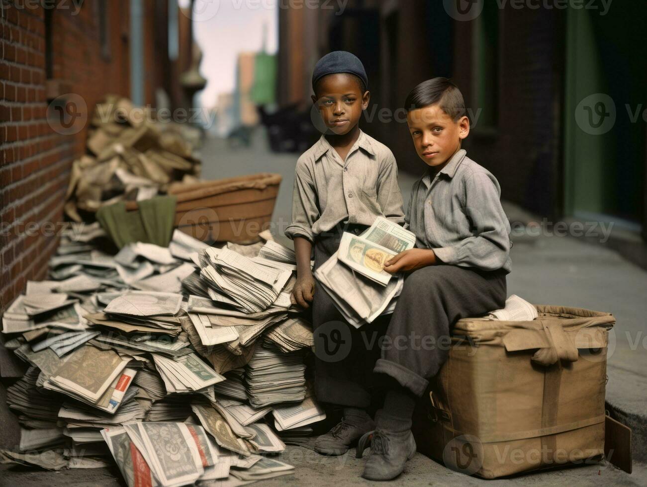 historisch gekleurde foto van een kinderen dagelijks werk in de jaren 1900 ai generatief