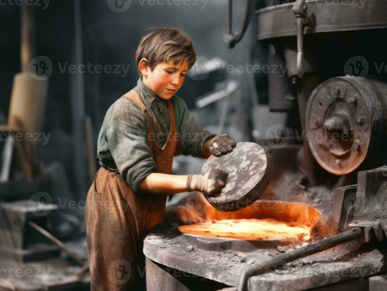 historisch gekleurde foto van een kinderen dagelijks werk in de jaren 1900 ai generatief