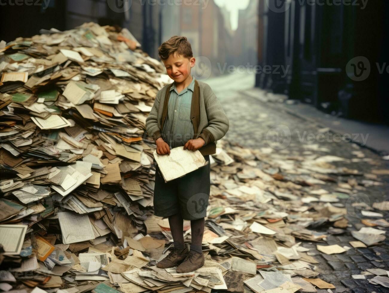 historisch gekleurde foto van een kinderen dagelijks werk in de jaren 1900 ai generatief