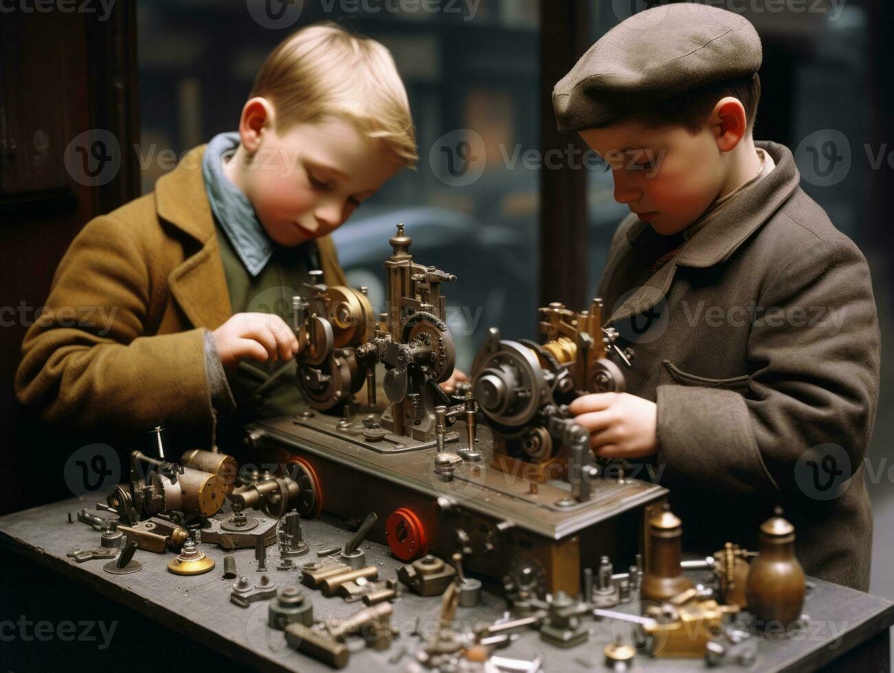 historisch gekleurde foto van een kinderen dagelijks werk in de jaren 1900 ai generatief