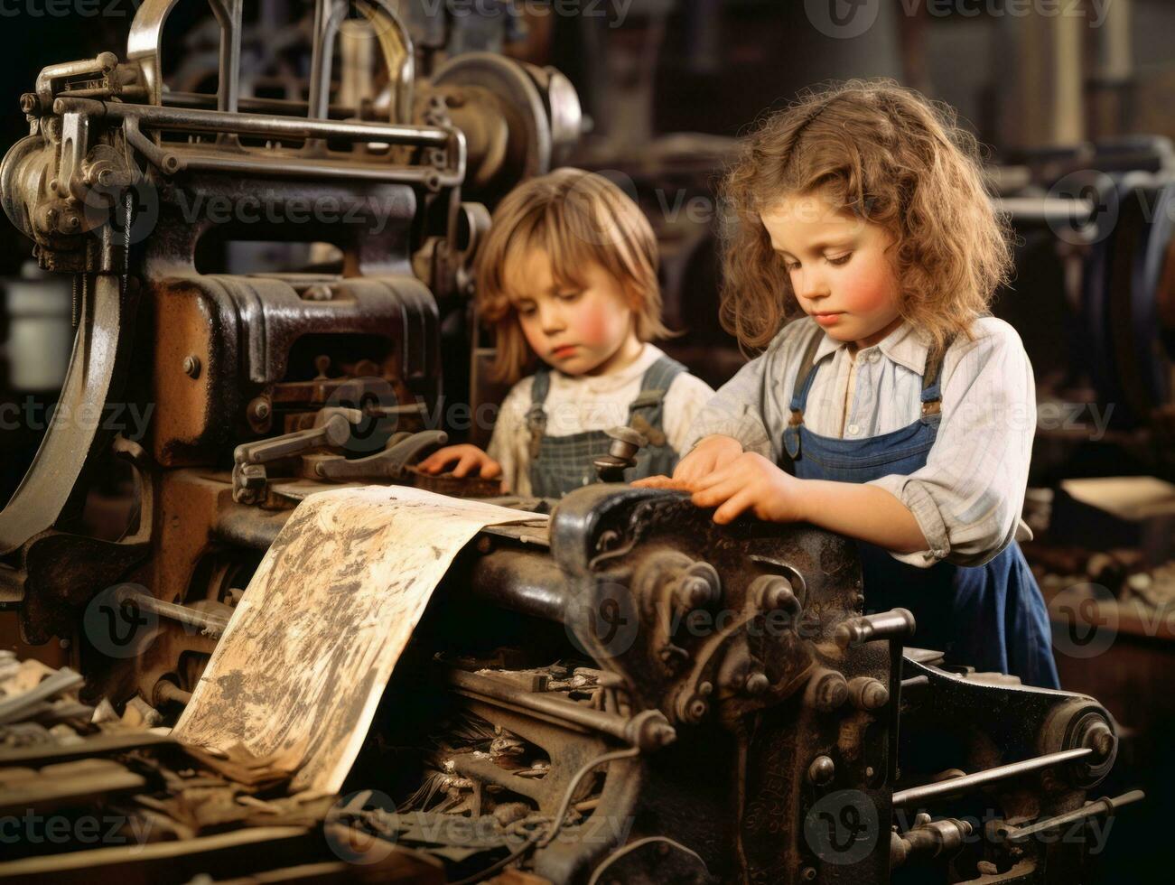 historisch gekleurde foto van een kinderen dagelijks werk in de jaren 1900 ai generatief