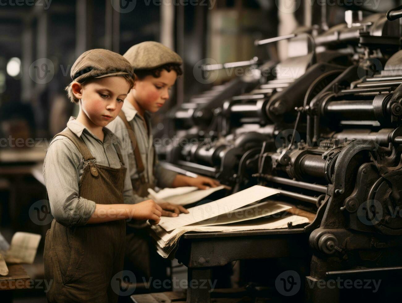 historisch gekleurde foto van een kinderen dagelijks werk in de jaren 1900 ai generatief