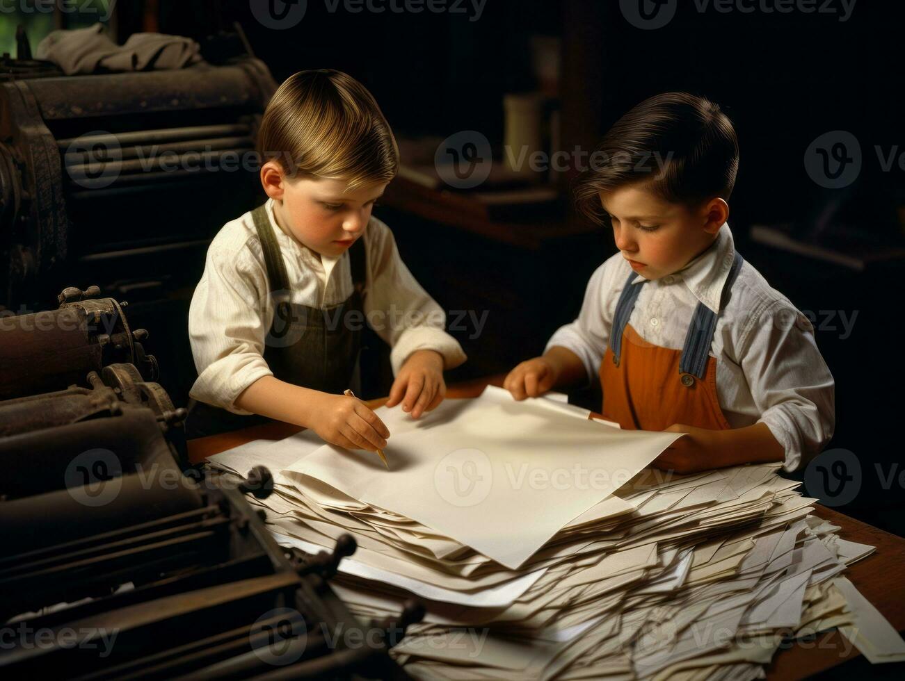 historisch gekleurde foto van een kinderen dagelijks werk in de jaren 1900 ai generatief