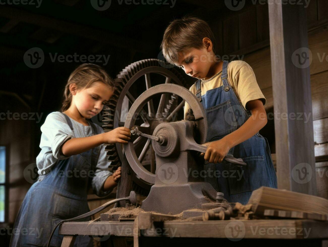 historisch gekleurde foto van een kinderen dagelijks werk in de jaren 1900 ai generatief