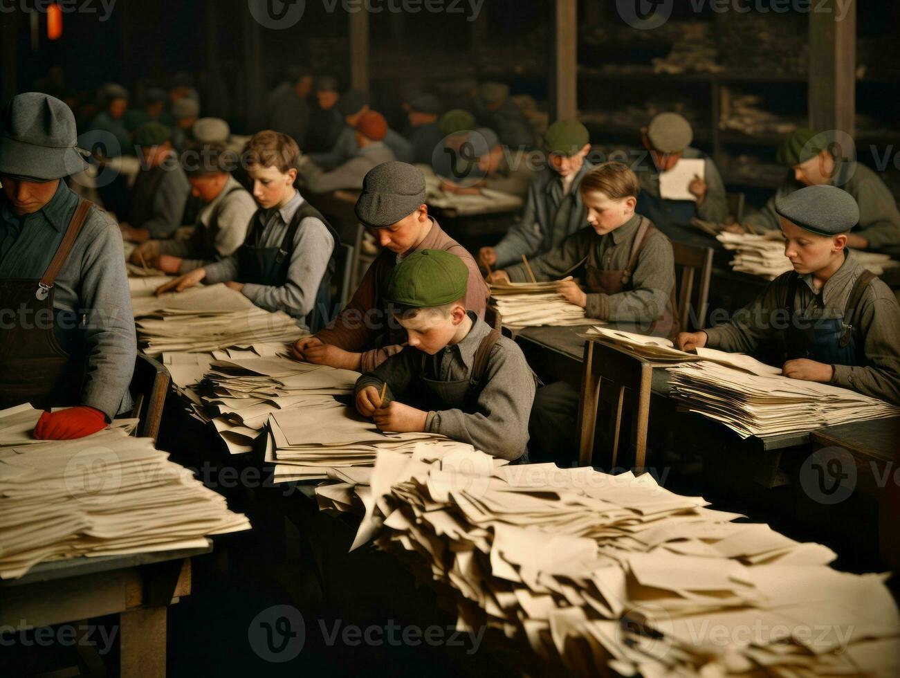 historisch gekleurde foto van een kinderen dagelijks werk in de jaren 1900 ai generatief