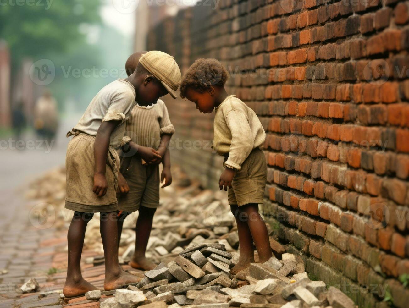 historisch gekleurde foto van een kinderen dagelijks werk in de jaren 1900 ai generatief