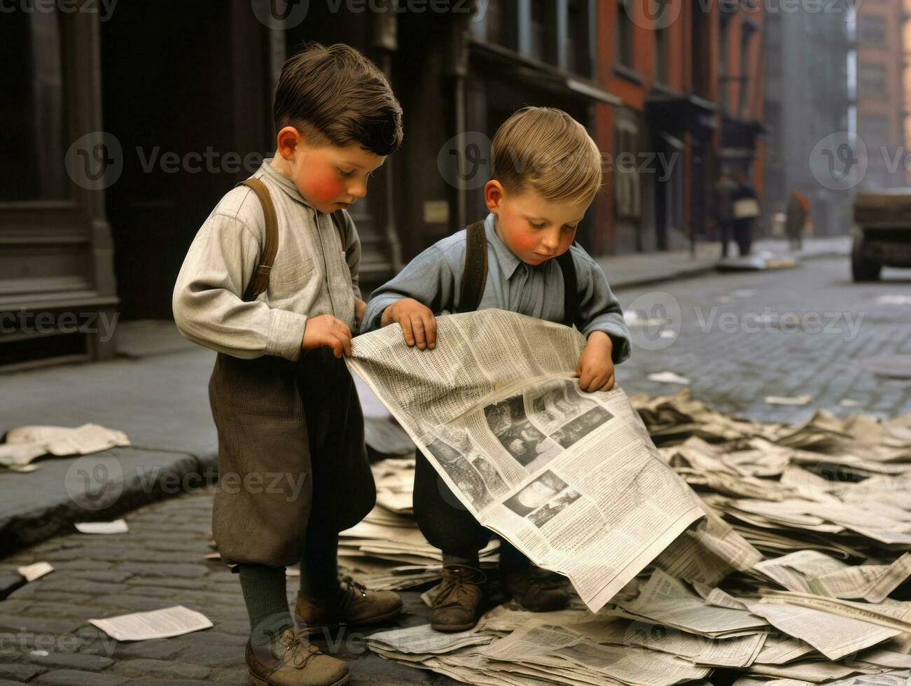 historisch gekleurde foto van een kinderen dagelijks werk in de jaren 1900 ai generatief