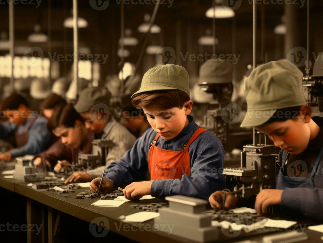 historisch gekleurde foto van een kinderen dagelijks werk in de jaren 1900 ai generatief