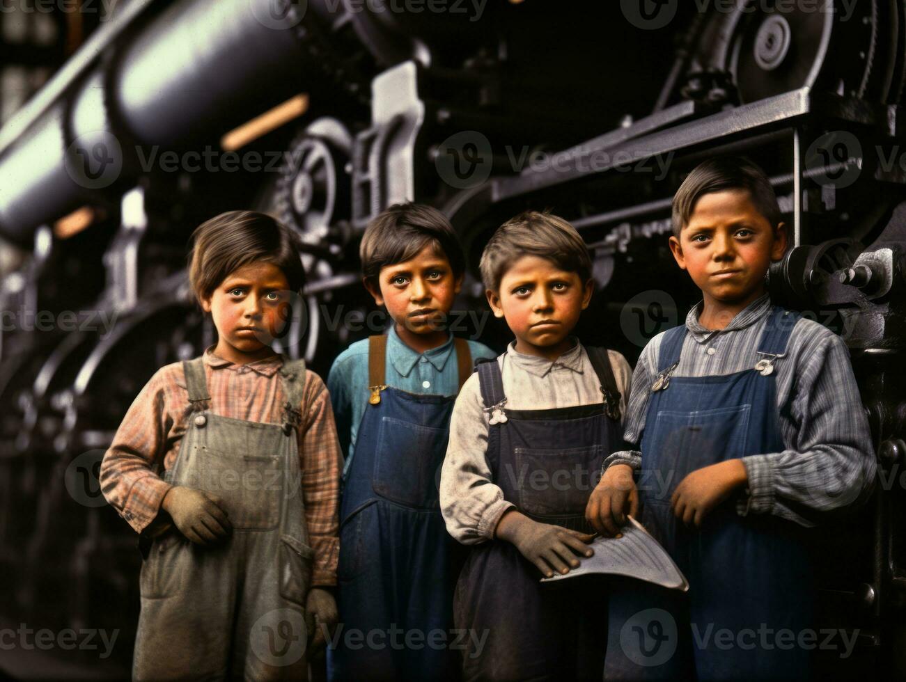 historisch gekleurde foto van een kinderen dagelijks werk in de jaren 1900 ai generatief