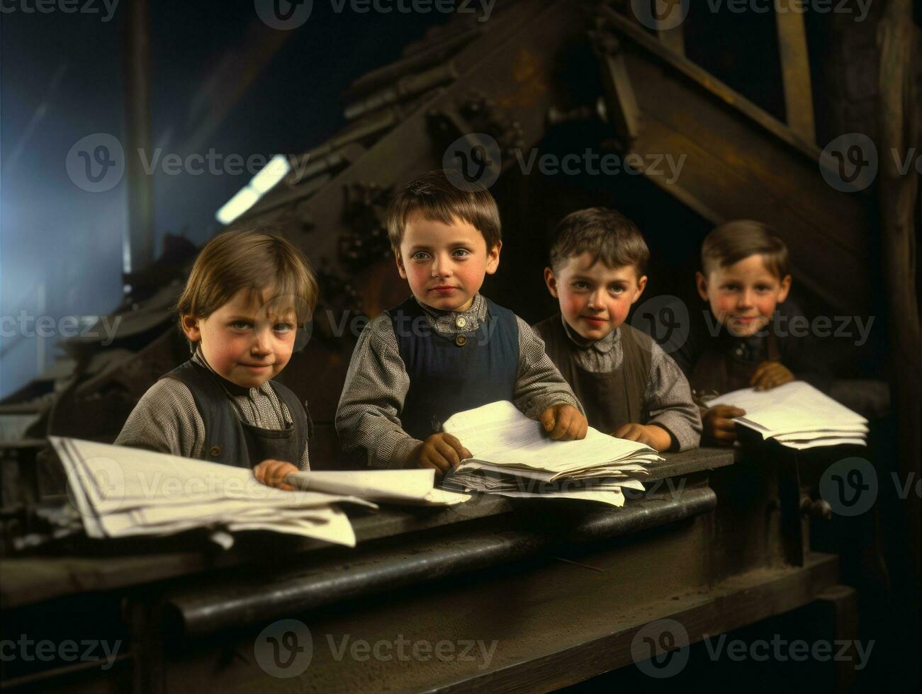 historisch gekleurde foto van een kinderen dagelijks werk in de jaren 1900 ai generatief