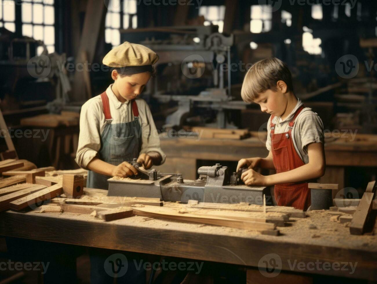 historisch gekleurde foto van een kinderen dagelijks werk in de jaren 1900 ai generatief