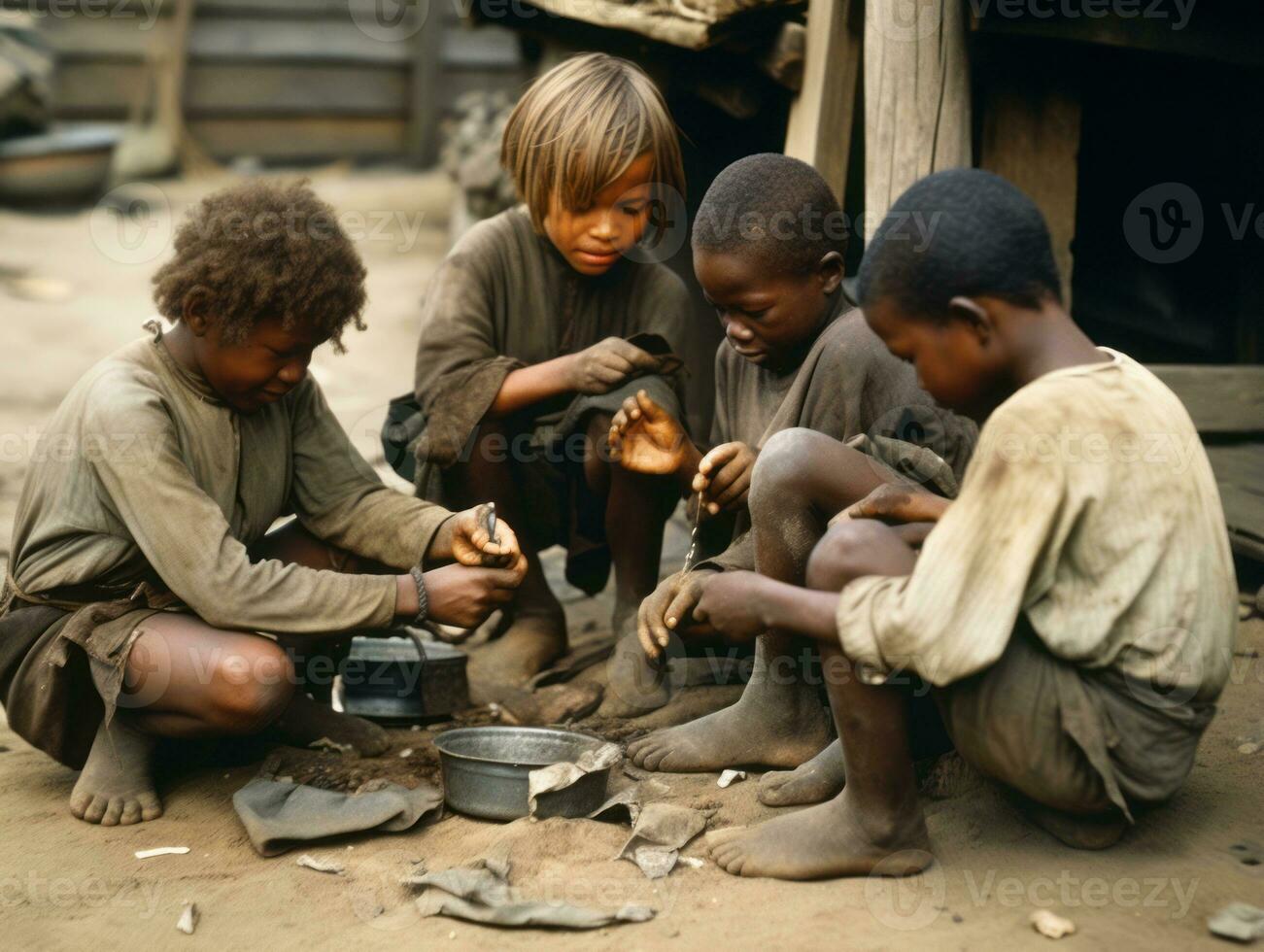 historisch gekleurde foto van een kinderen dagelijks werk in de jaren 1900 ai generatief