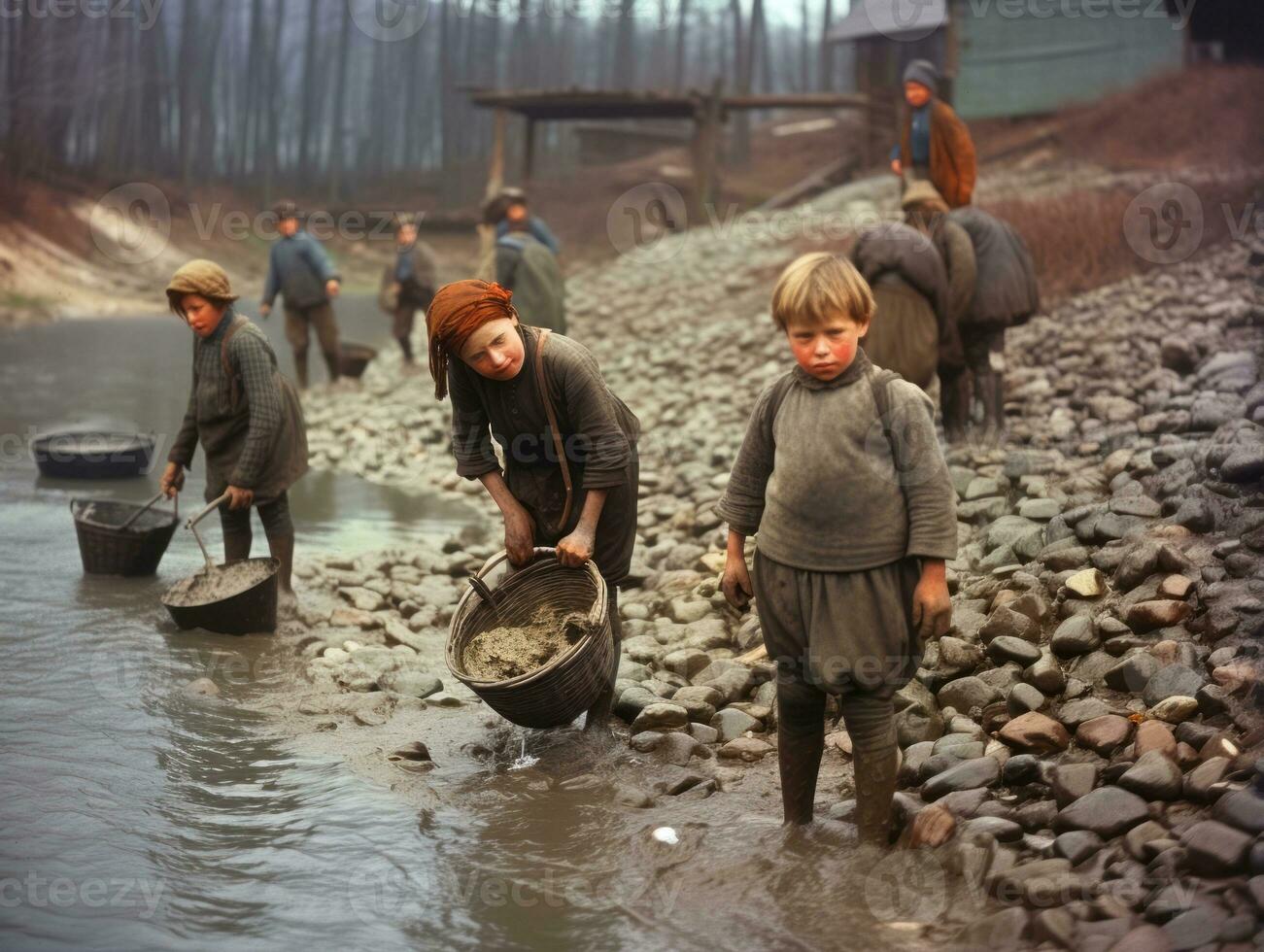 historisch gekleurde foto van een kinderen dagelijks werk in de jaren 1900 ai generatief