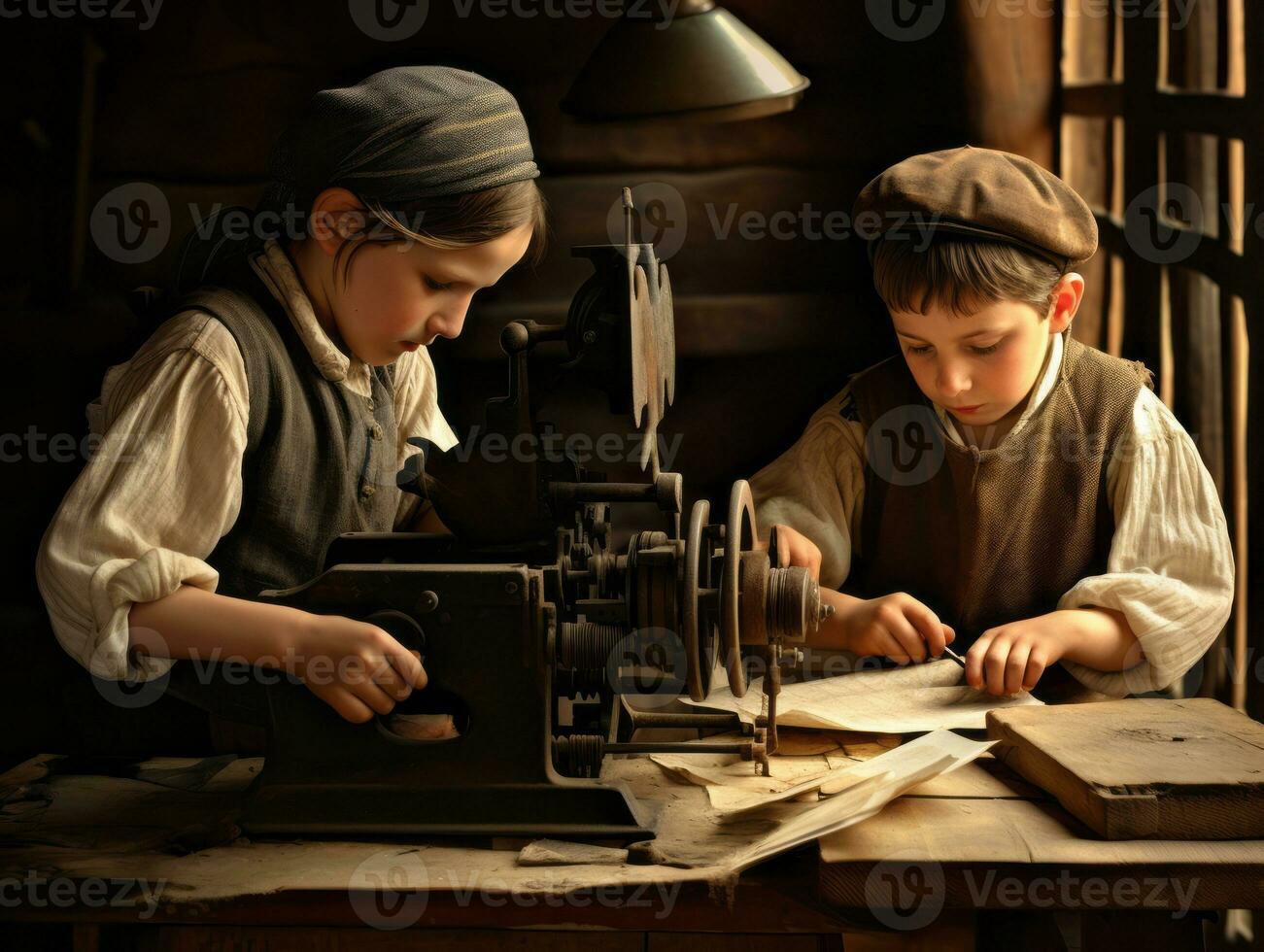 historisch gekleurde foto van een kinderen dagelijks werk in de jaren 1900 ai generatief