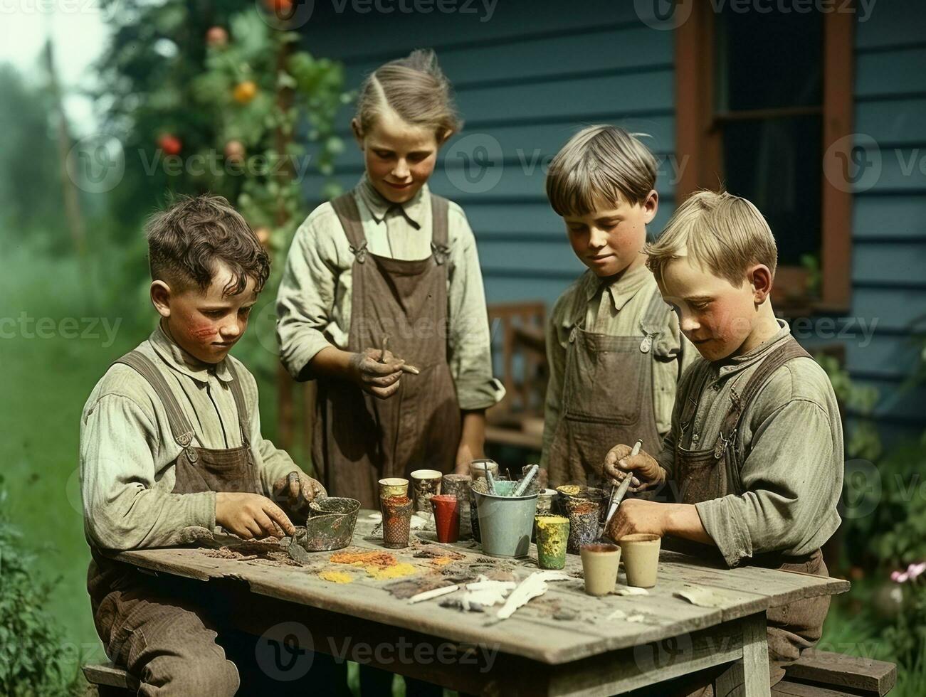 historisch gekleurde foto van een kinderen dagelijks werk in de jaren 1900 ai generatief