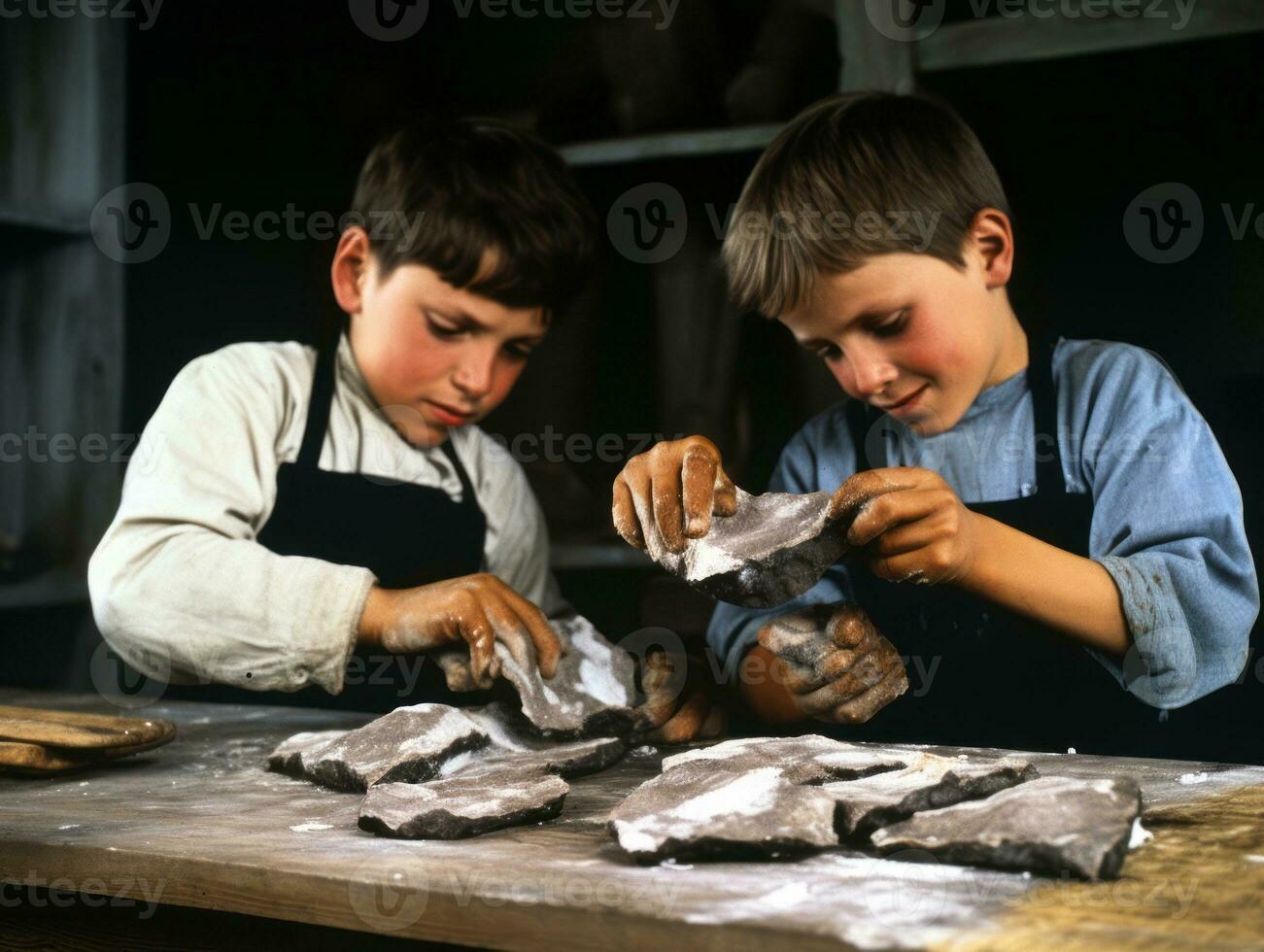 historisch gekleurde foto van een kinderen dagelijks werk in de jaren 1900 ai generatief