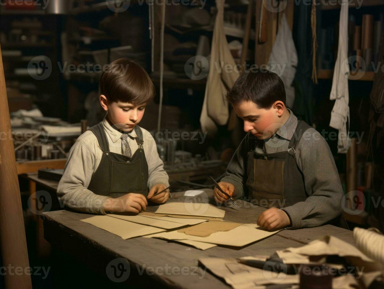 historisch gekleurde foto van een kinderen dagelijks werk in de jaren 1900 ai generatief