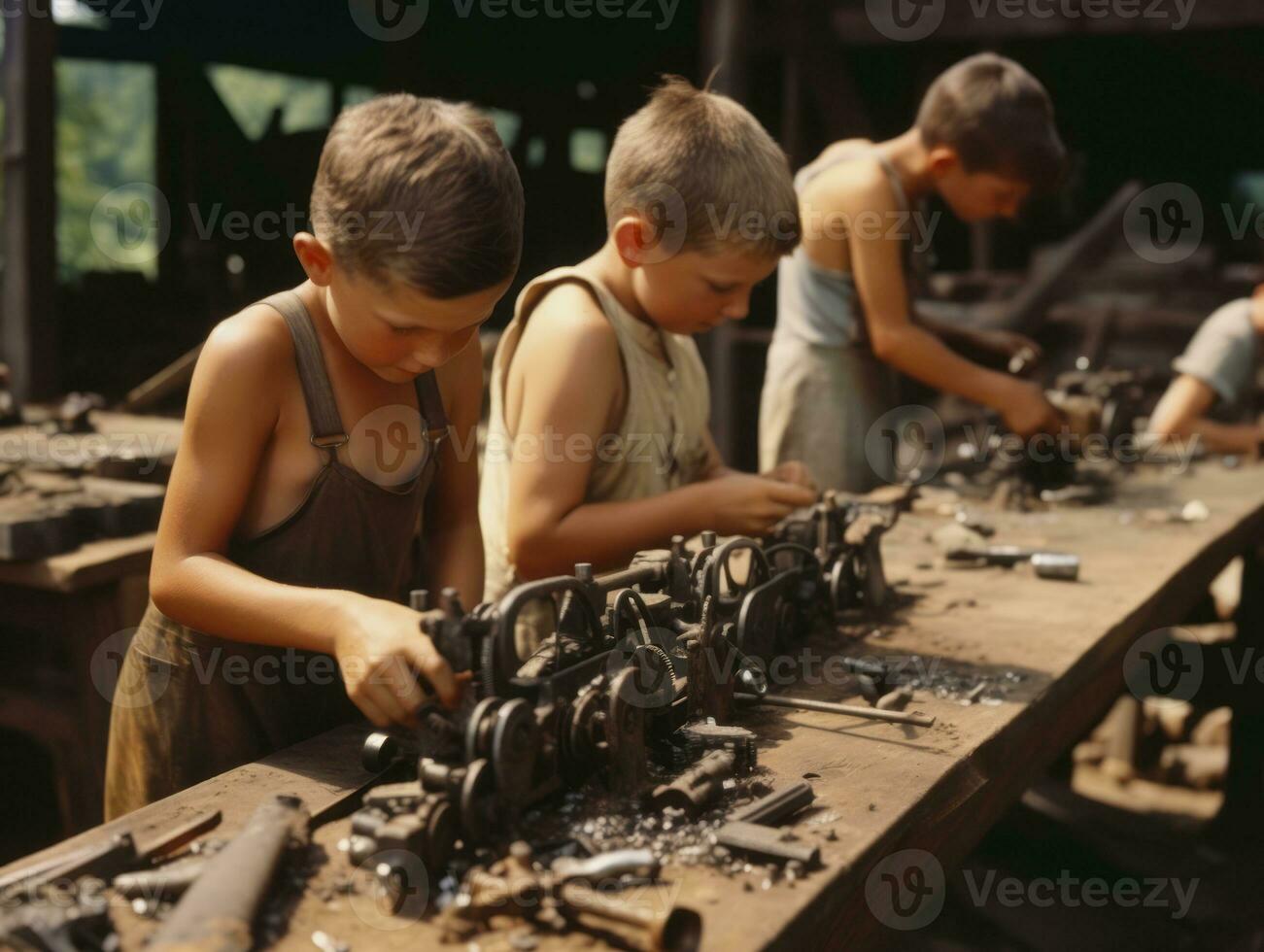 historisch gekleurde foto van een kinderen dagelijks werk in de jaren 1900 ai generatief