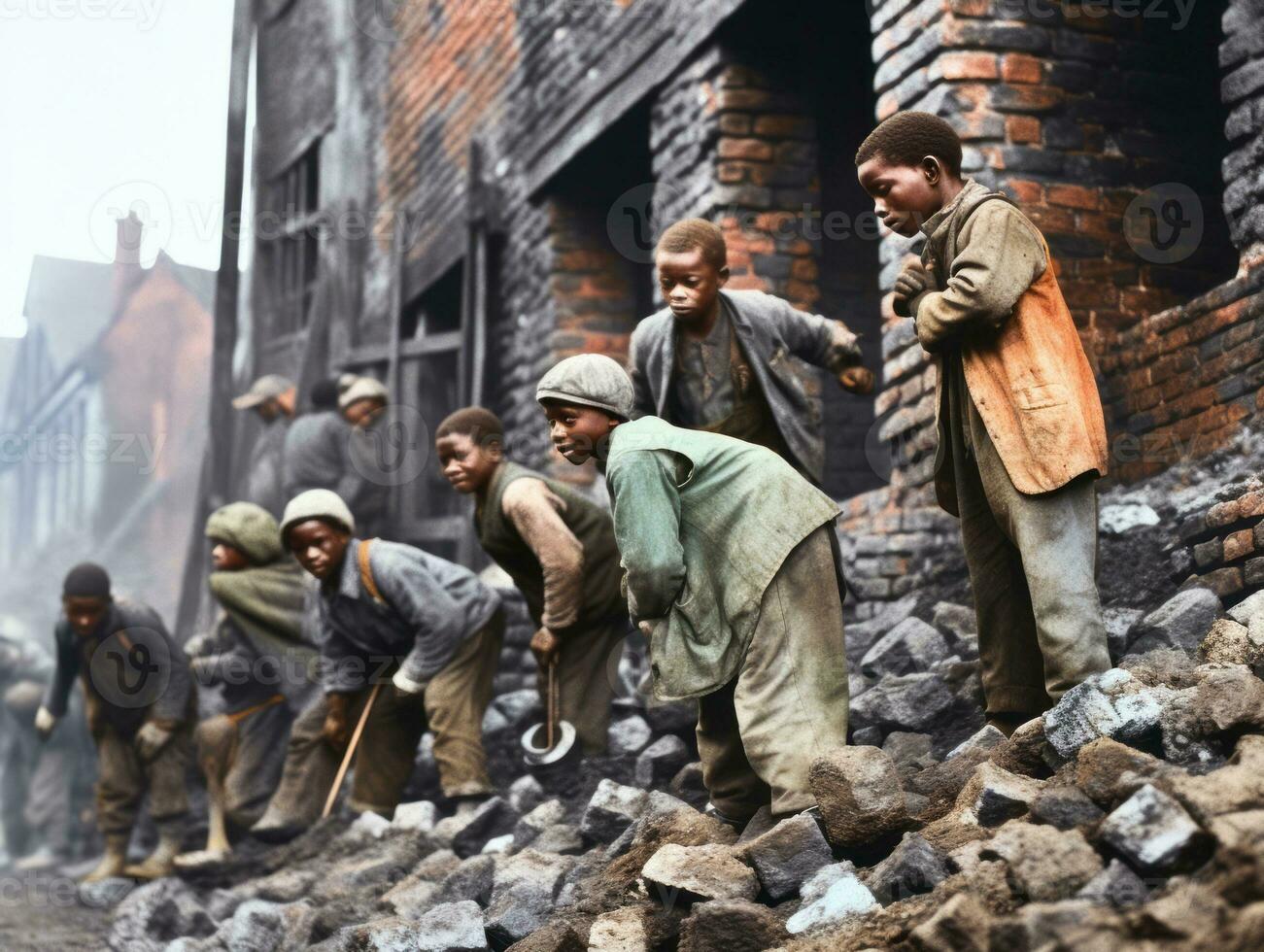 historisch gekleurde foto van een kinderen dagelijks werk in de jaren 1900 ai generatief