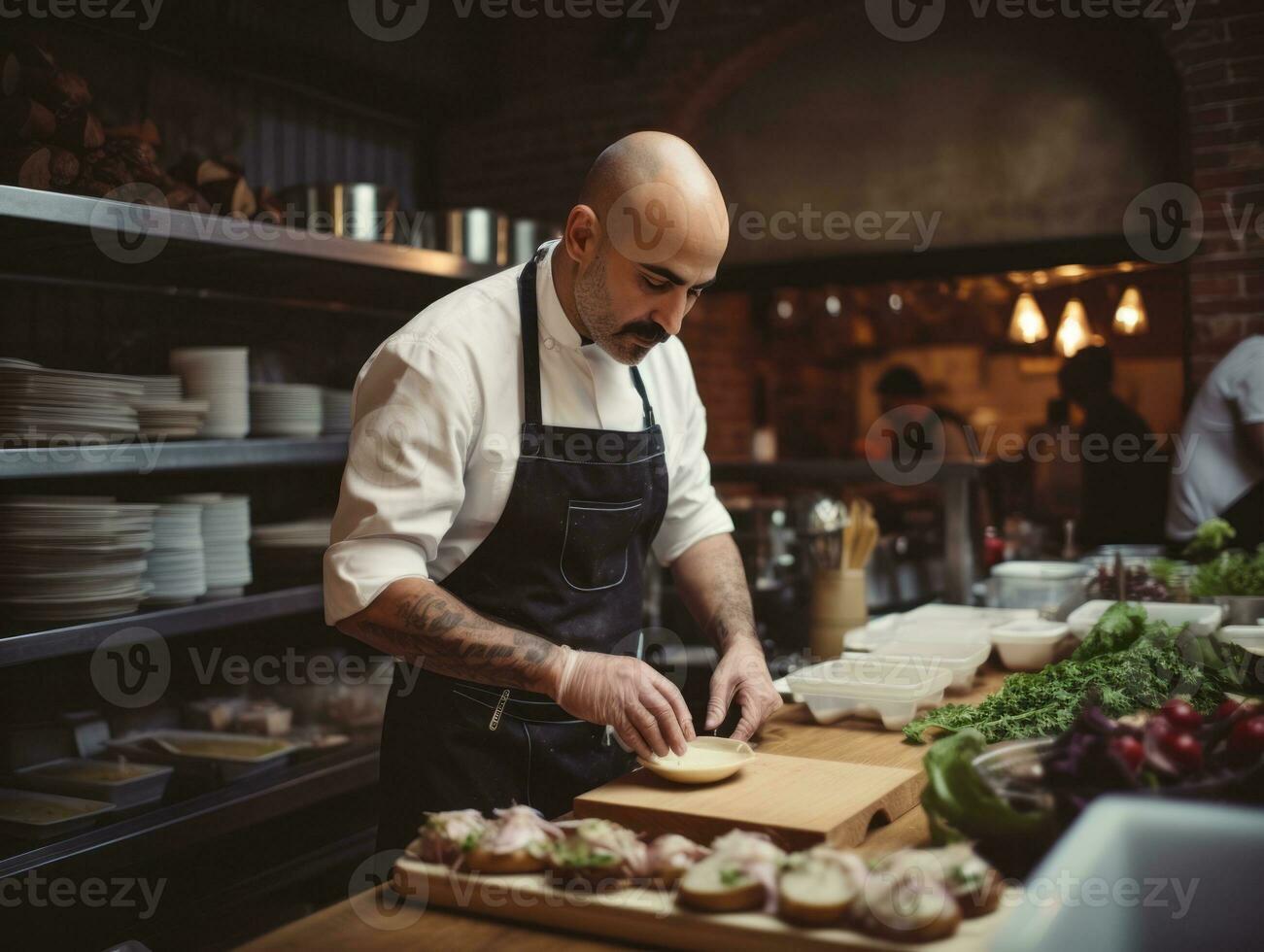 mannetje chef creëert culinaire meesterwerken in een bruisend keuken ai generatief foto