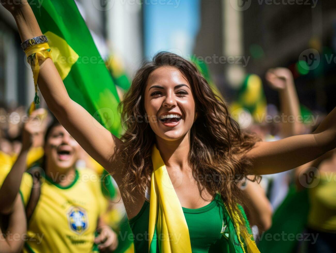 braziliaans vrouw viert zijn voetbal teams zege ai generatief foto