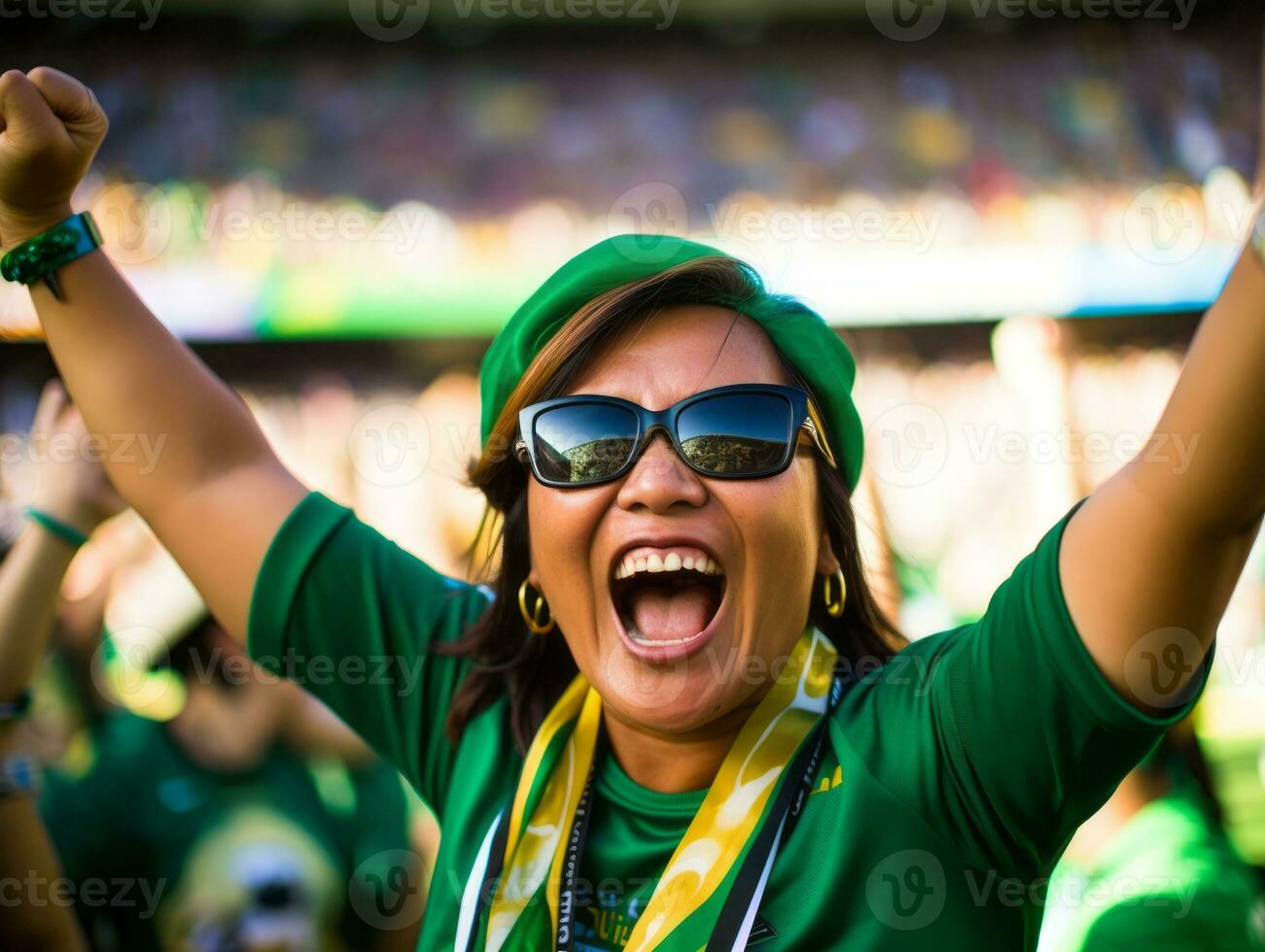 braziliaans vrouw viert zijn voetbal teams zege ai generatief foto