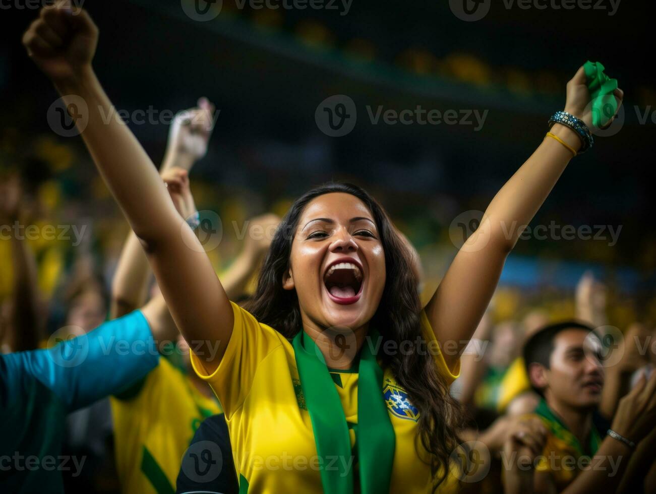 braziliaans vrouw viert zijn voetbal teams zege ai generatief foto