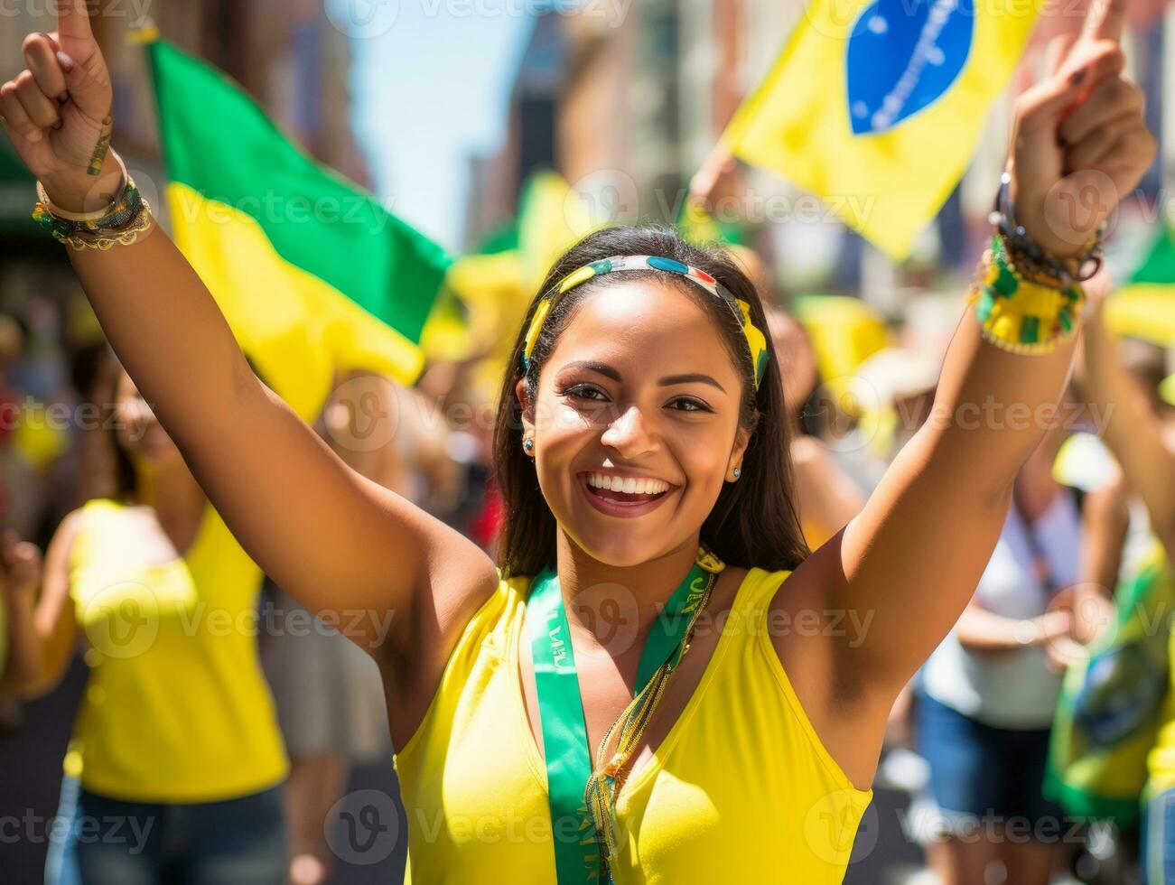 braziliaans vrouw viert zijn voetbal teams zege ai generatief foto