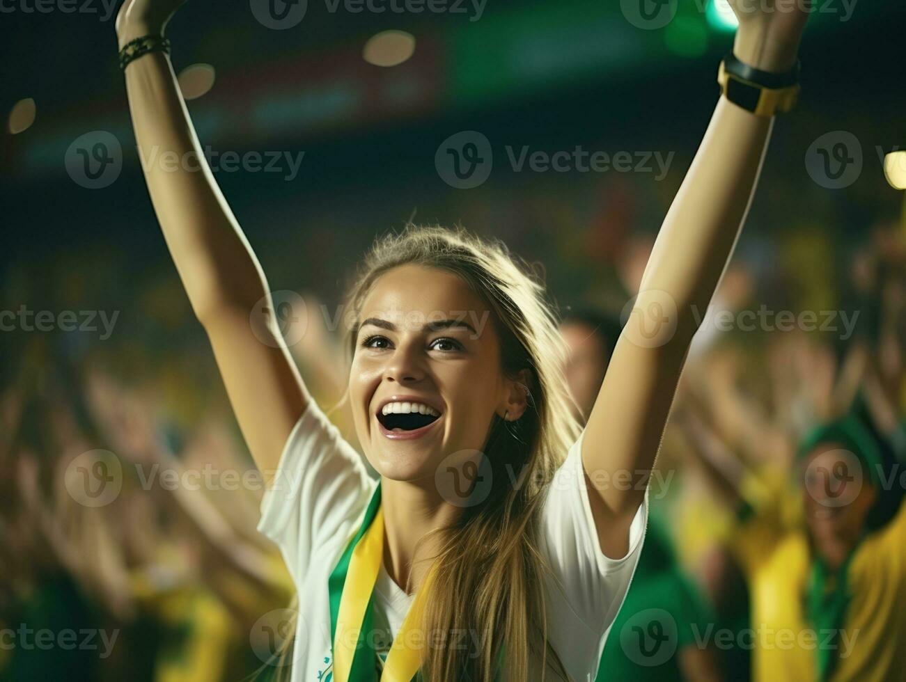 braziliaans vrouw viert zijn voetbal teams zege ai generatief foto