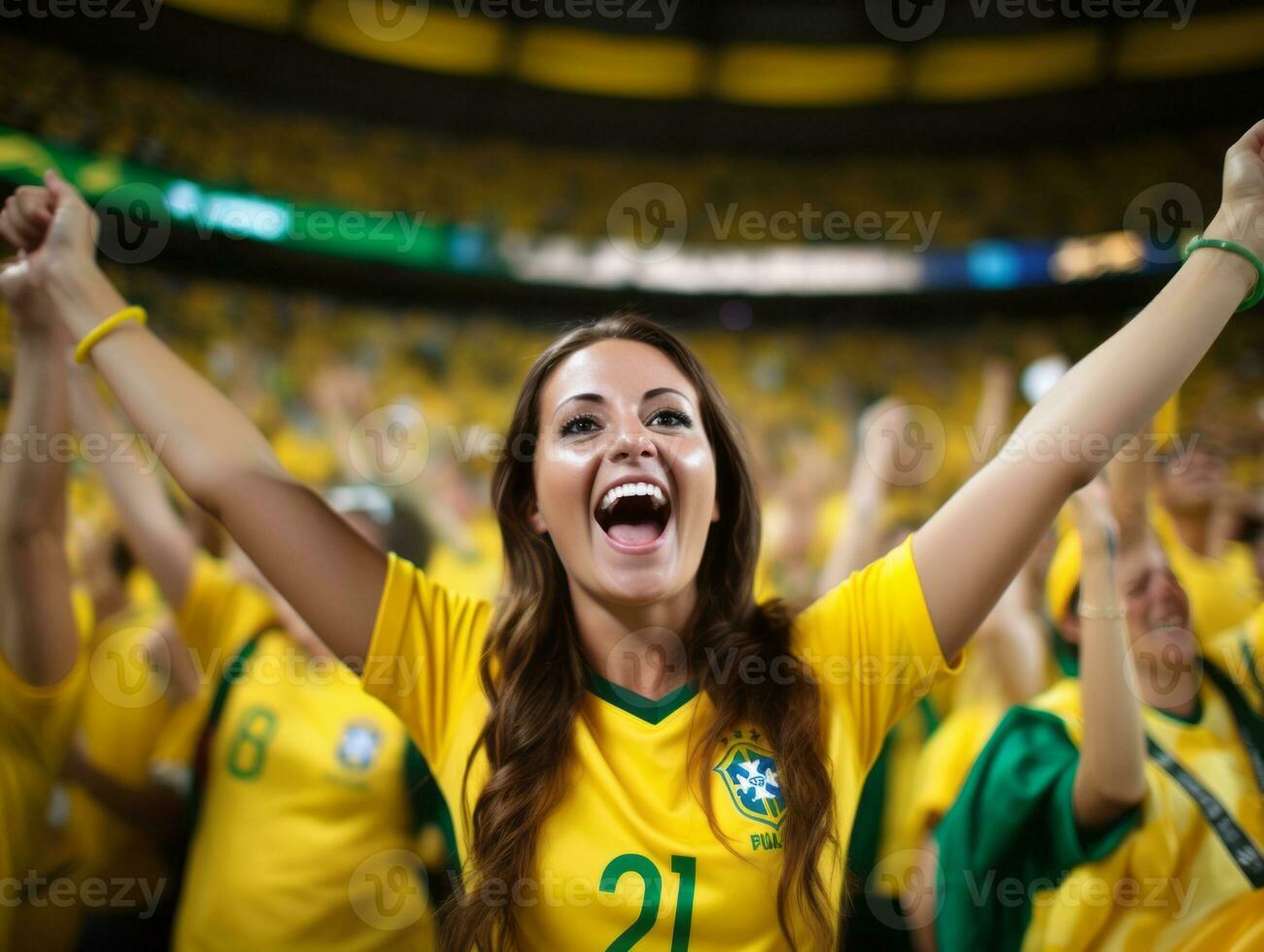 braziliaans vrouw viert zijn voetbal teams zege ai generatief foto