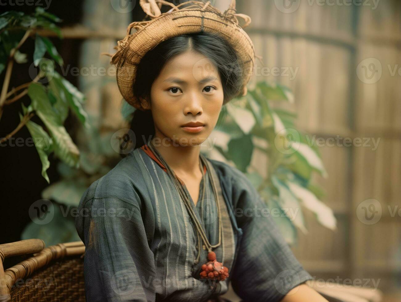 een oud gekleurde fotograaf van een Aziatisch vrouw van de vroeg jaren 1900 ai generatief foto